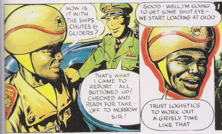 UN Commandant Bunche, conferring with Dan Dare over the progress of the invasion plan. Note that Dan calls him 'sir'.