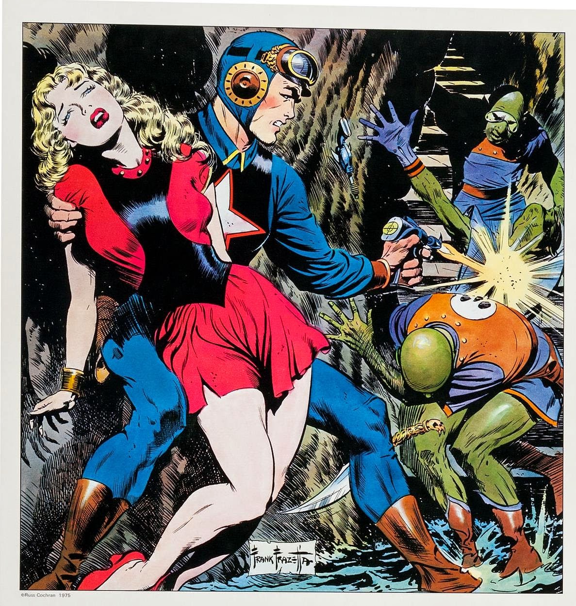 Buck Rogers as drawn by Frank Frazetta. A man in a blue outfit with aviation goggles blasts green aliens with a ray gun while supporting a swooning blonde woman.