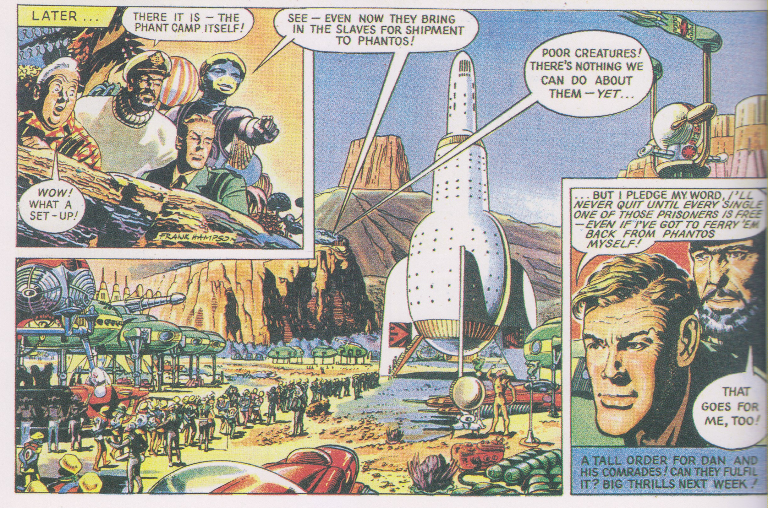 Dan Dare watches peaceful Crypts being taken as slaves by the warlike Phants, and pledges to save them.