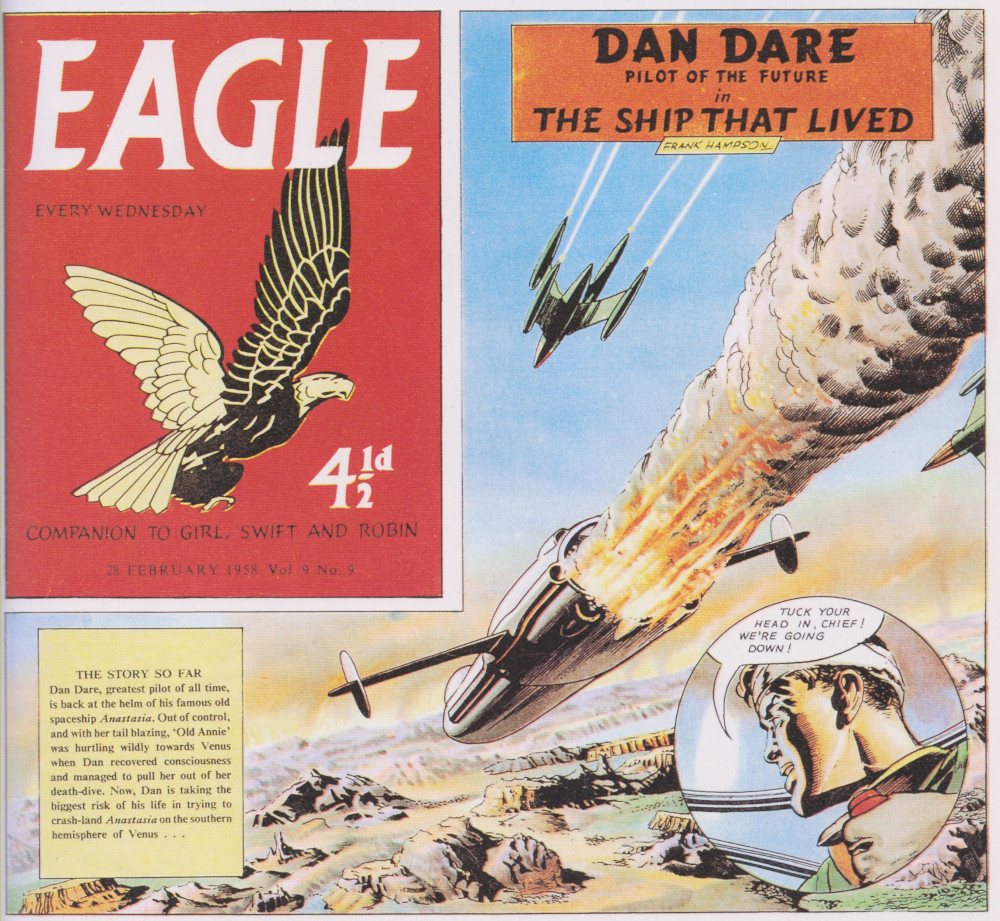 Dan Dare attempts to wrestle a burning spaceship out of a fatal crash.