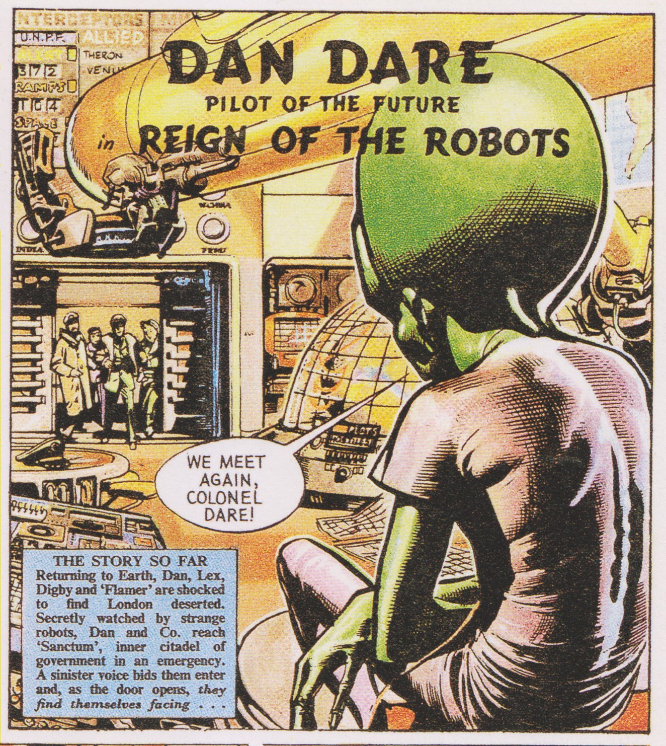 The Mekon, a green-skinned alien with a huge head and tiny body, wearing a purple onesie and sitting on a floating chair: We meet again, Colonel Dare